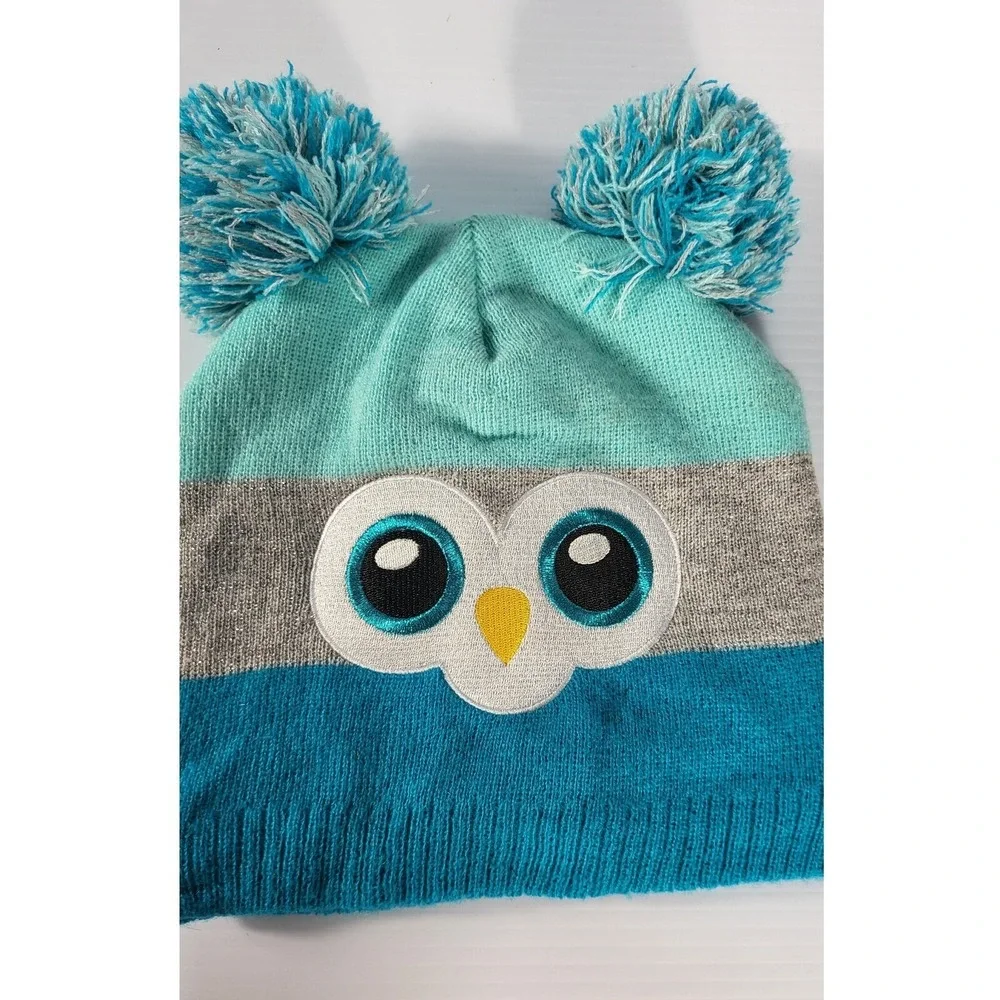 Owl Pom Pom Beanie Hat Winter Knit Warm Fleece Lined OSFM